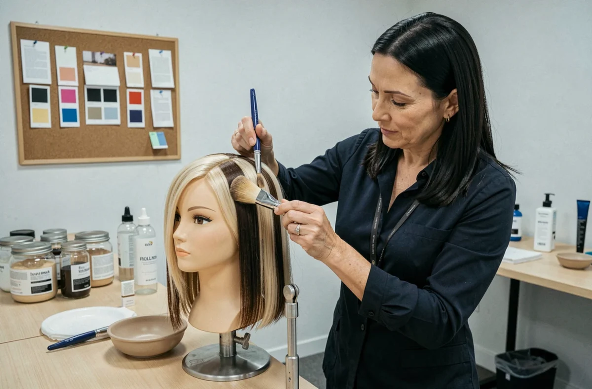 Coloriste expérimentée démontrant une technique de contouring cheveux blond et brun sur tête à coiffer lors d'un atelier professionnel, ambiance studio de formation réaliste