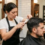 Coiffeuse professionnelle réalisant une coupe casquette lisse sur cheveux épais dans un salon de coiffure moderne