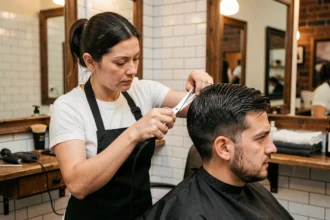 Coiffeuse professionnelle réalisant une coupe casquette lisse sur cheveux épais dans un salon de coiffure moderne
