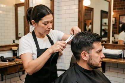 Coiffeuse professionnelle réalisant une coupe casquette lisse sur cheveux épais dans un salon de coiffure moderne