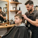 Adolescent de 14 ans assis dans un fauteuil de barbier lors de sa première vraie coupe de cheveux chez le coiffeur