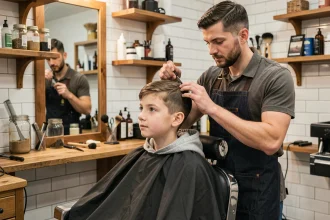 Adolescent de 14 ans assis dans un fauteuil de barbier lors de sa première vraie coupe de cheveux chez le coiffeur