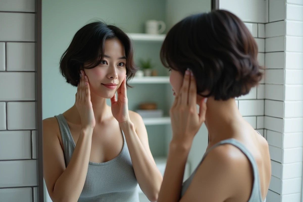 Femme au visage rond analysant sa coupe Cuenta devant un miroir de salle de bain