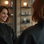 Femme aux joues rondes avec une coupe Cuenta fraîchement réalisée dans un salon de coiffure moderne
