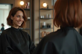 Femme aux joues rondes avec une coupe Cuenta fraîchement réalisée dans un salon de coiffure moderne