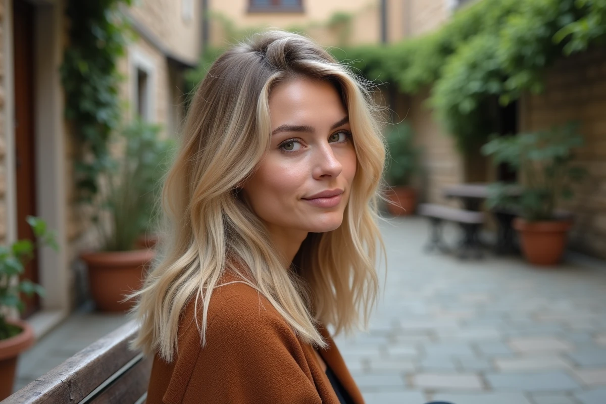 Coupe dégradée mi-longue sur cheveux blonds épais vue de profil en extérieur
