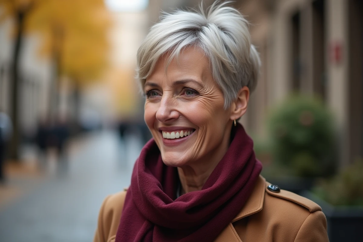 Femme de 48 ans arborant une coupe pixie effilée avec frange pour affiner le visage en automne en ville