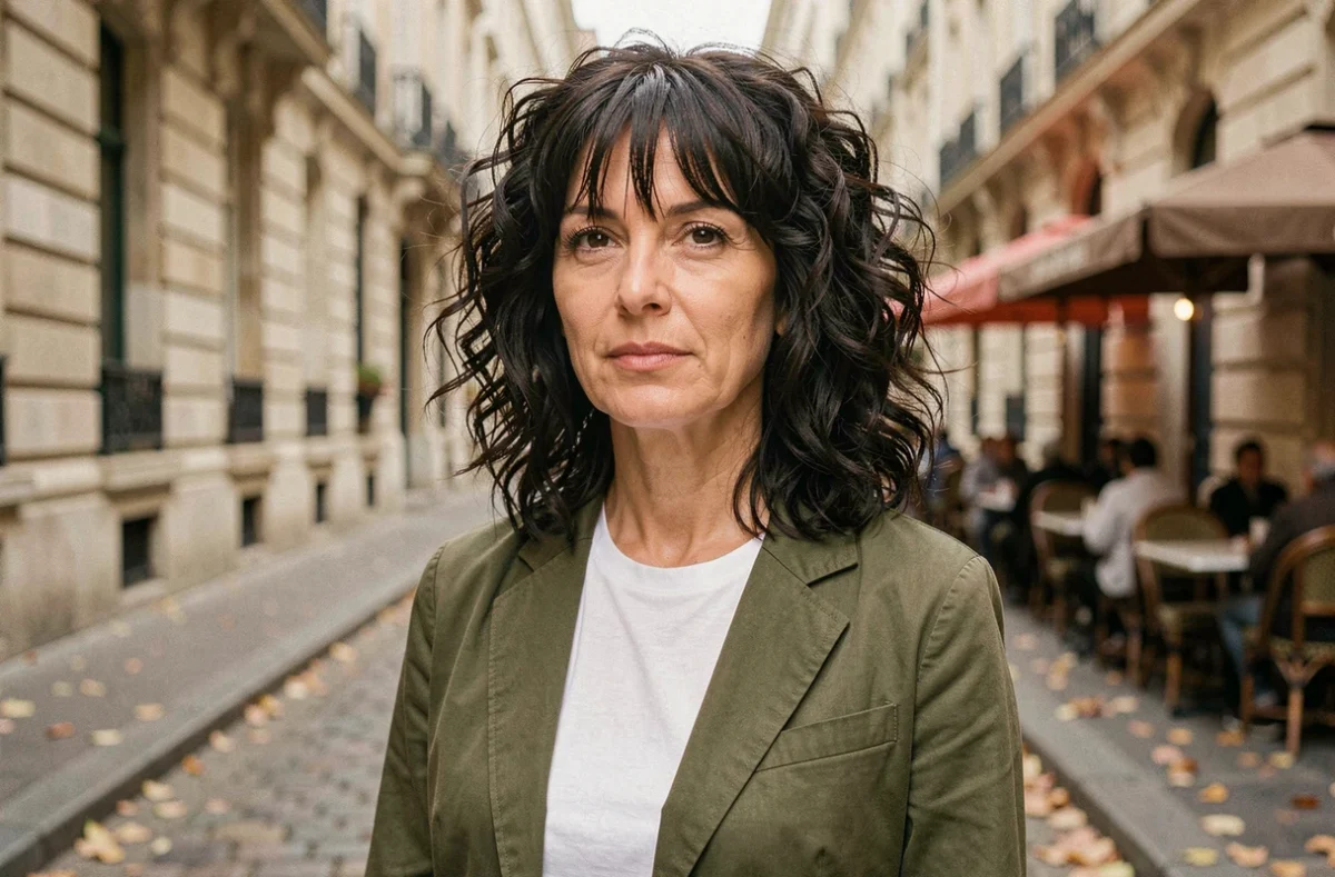 Femme aux cheveux bouclés coupe shaggy avec frange rideau dans une rue parisienne en automne