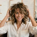 Femme aux cheveux bouclés avec une coupe shaggy moderne dans un salon de coiffure parisien contemporain