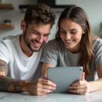 Jeune couple souriant avec tatouages en cuisine moderne