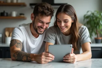 Jeune couple souriant avec tatouages en cuisine moderne