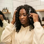 Jeune femme appliquant une crème coiffante sur ses cheveux bouclés naturels devant un miroir de salle de bain