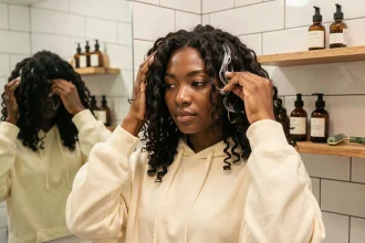 Jeune femme appliquant une crème coiffante sur ses cheveux bouclés naturels devant un miroir de salle de bain