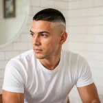 Homme jeune avec un dégradé blanc parfait réalisé à domicile dans une salle de bain moderne