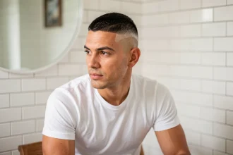 Homme jeune avec un dégradé blanc parfait réalisé à domicile dans une salle de bain moderne