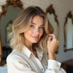 Femme aux cheveux blonds mi-longs avec une coupe dégradée pour cheveux épais dans un salon parisien