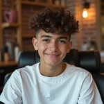 Adolescent avec un dégradé espagnol sur cheveux bouclés assis dans un fauteuil de barbershop moderne
