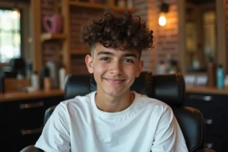 Adolescent avec un dégradé espagnol sur cheveux bouclés assis dans un fauteuil de barbershop moderne