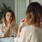 Femme aux cheveux mi-longs avec un dégradé naturel appliquant un soin coiffant devant son miroir de salle de bain
