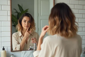 Femme aux cheveux mi-longs avec un dégradé naturel appliquant un soin coiffant devant son miroir de salle de bain