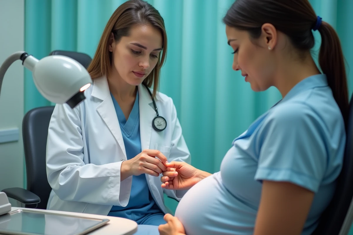 Dermatologue examinant l'ongle infecté d'une femme enceinte lors d'une consultation spécialisée
