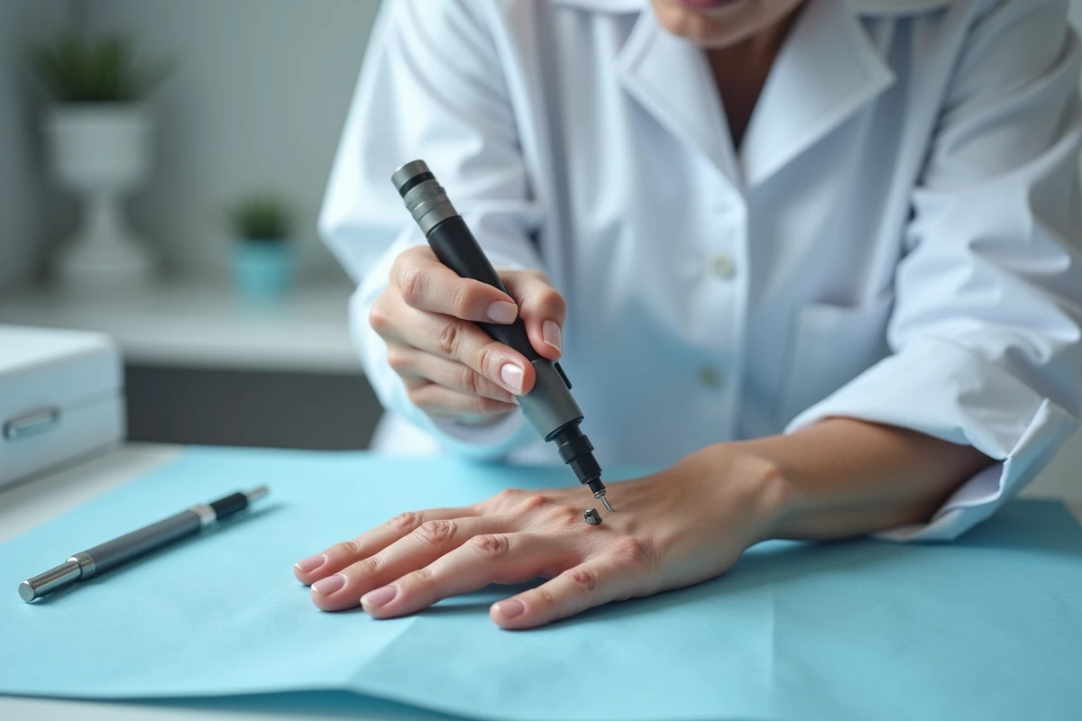 Dermatologue examinant un ongle fissuré verticalement avec un dermatoscope en cabinet médical