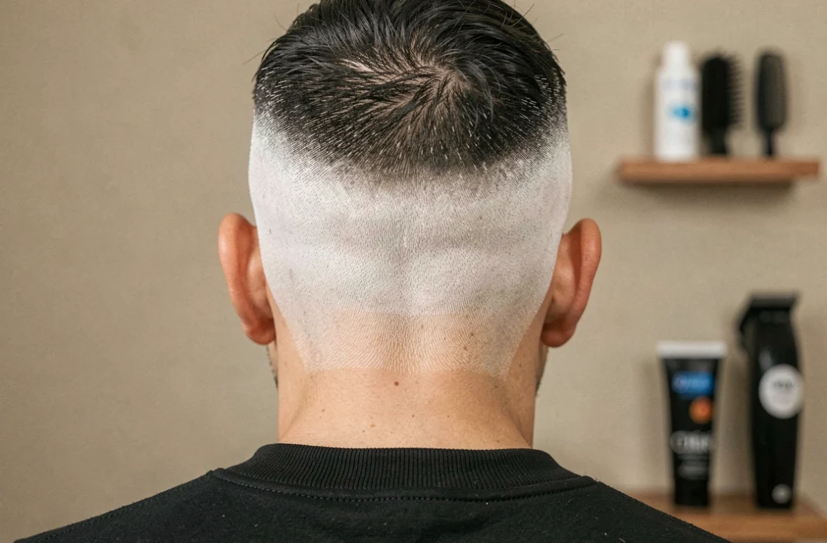Détail d'un dégradé blanc impeccable sur la nuque d'un homme réalisé sans salon de coiffure