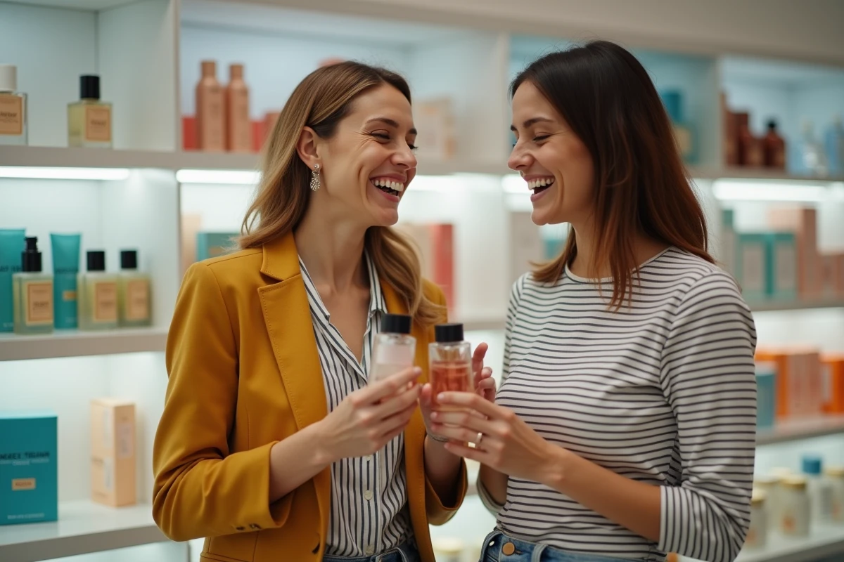 Deux femmes comparant des flacons de parfums dupes Adopt en pharmacie, discutant des alternatives abordables aux parfums de grandes marques