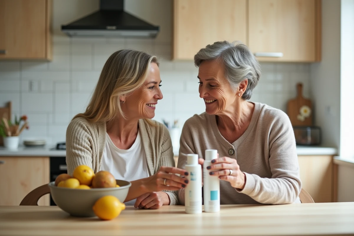 Deux femmes comparant les résultats d'un soin Fermoter autour d'une table de cuisine