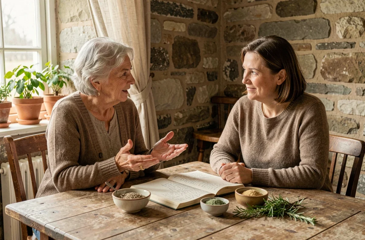 Deux femmes discutant de recettes de grand-mère et remèdes naturels autour d'un cahier manuscrit