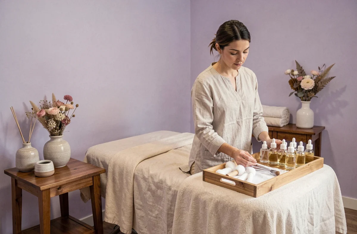 Salle de soin de la Divine Parenthèse à Poitiers, avec table de massage drapée et ambiance spa apaisante