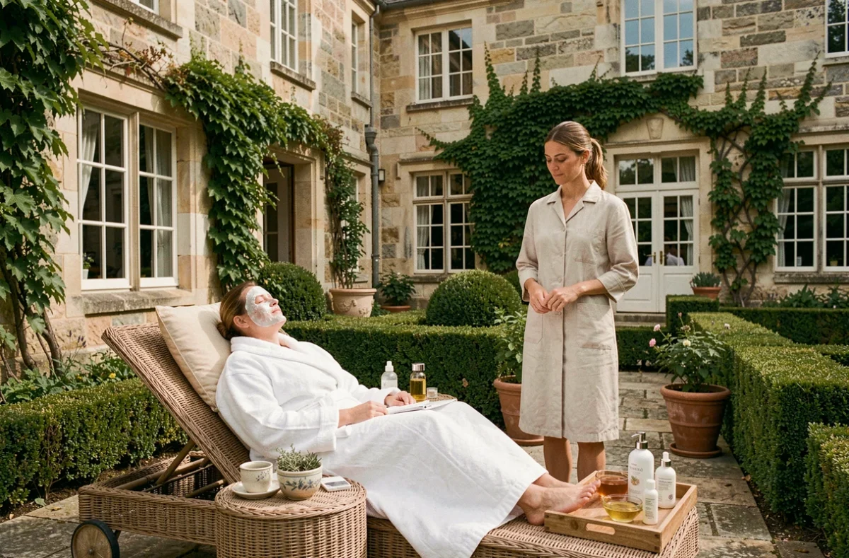 Cliente en robe blanche se relaxant en soin visage sur la terrasse du Domaine du Vieux Porche à Mignaloux-Beauvoir