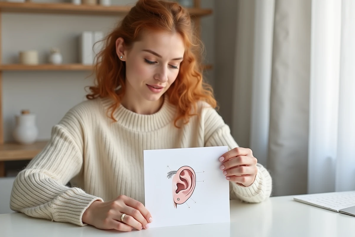 Femme montrant un schéma anatomique des emplacements de piercing d'oreille à côté de sa propre oreille avec rook, orbital et flat piercing