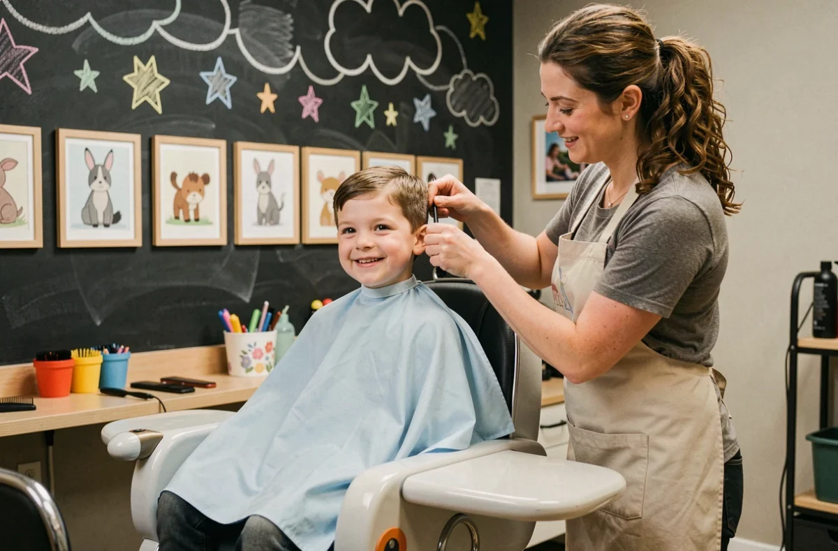 Petit garçon souriant dans un fauteuil avion lors d'une coupe de cheveux dans un salon enfant rassurant
