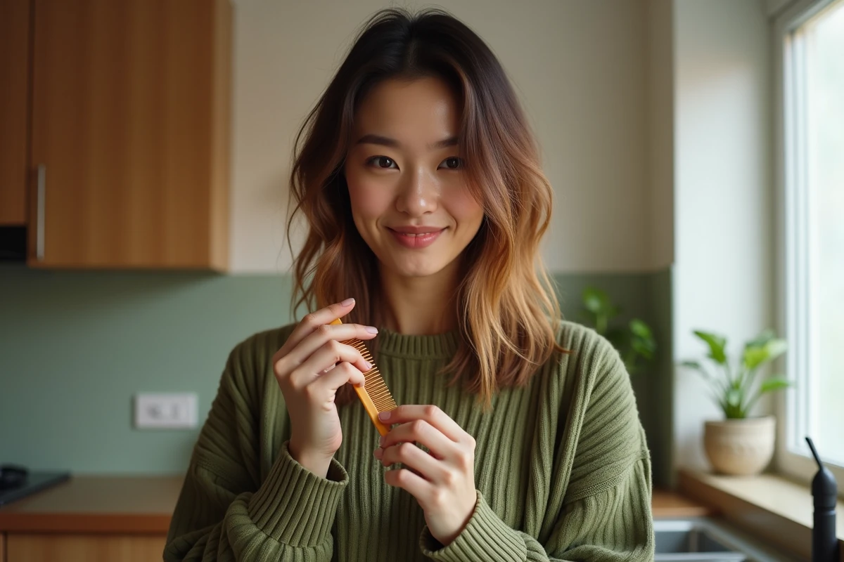 Femme démêlant ses cheveux mi-longs dégradés humides avec un peigne large dans une cuisine moderne