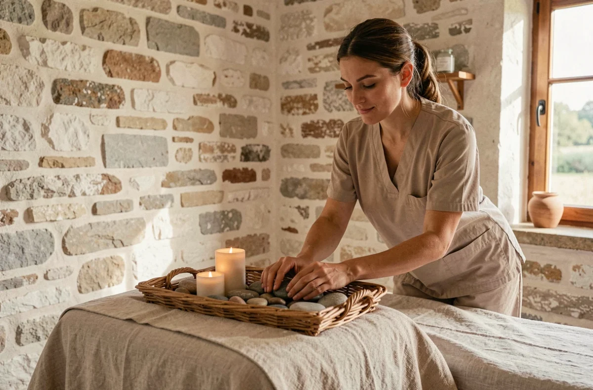 Thérapeute préparant un massage aux pierres chaudes dans la salle de soin Éveil de Sens aux Artigues-de-Lussac