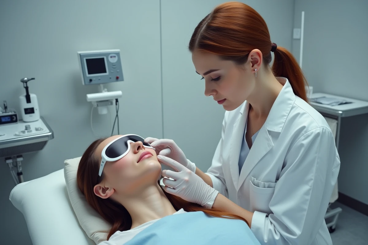 Esthéticienne médicale procédant à l'examen cutané d'une patiente avant un traitement laser en cabine