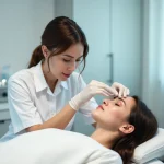 Esthéticienne examinant le sourcil tatoué d'une cliente avant une séance de détatouage au laser dans un studio professionnel