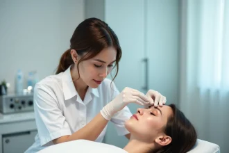 Esthéticienne examinant le sourcil tatoué d'une cliente avant une séance de détatouage au laser dans un studio professionnel
