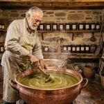 Artisan syrien traditionnel fabriquant du savon d'Alep dans un atelier ancestral avec chaudron en cuivre