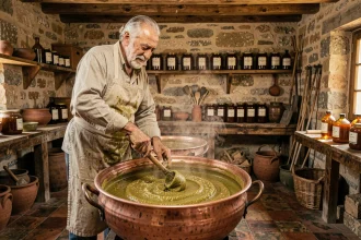 Artisan syrien traditionnel fabriquant du savon d'Alep dans un atelier ancestral avec chaudron en cuivre