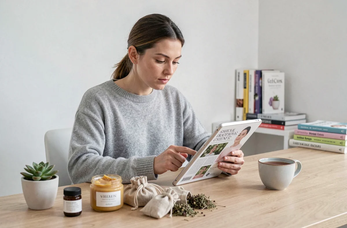 Femme analysant les recettes de grand-mère pour la poitrine sur tablette entourée de produits naturels