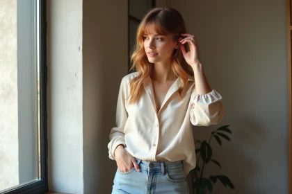 Femme aux cheveux caramel dans un appartement moderne