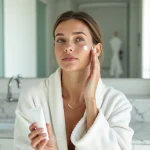 Femme appliquant de la crème Fermoter sur son visage devant un miroir de salle de bain