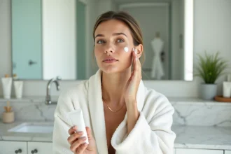 Femme appliquant de la crème Fermoter sur son visage devant un miroir de salle de bain