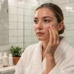 Jeune femme à peau mixte appliquant de l'Eau Précieuse sur son visage dans une salle de bain moderne