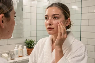 Jeune femme à peau mixte appliquant de l'Eau Précieuse sur son visage dans une salle de bain moderne