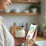 Femme consultant l'application Yuka pour évaluer un produit cosmétique naturel dans une cuisine moderne
