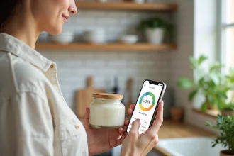 Femme consultant l'application Yuka pour évaluer un produit cosmétique naturel dans une cuisine moderne