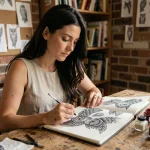 Femme artiste étudiant des dessins de tatouage hibou dans un carnet de croquis, entourée de références artistiques dans un atelier en briques
